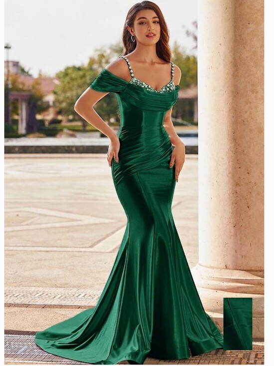 Stacees Dresses & Skirts - Women's Formal Glam Green Cowl Neck Sweep Train Gown Crystals Straps Small